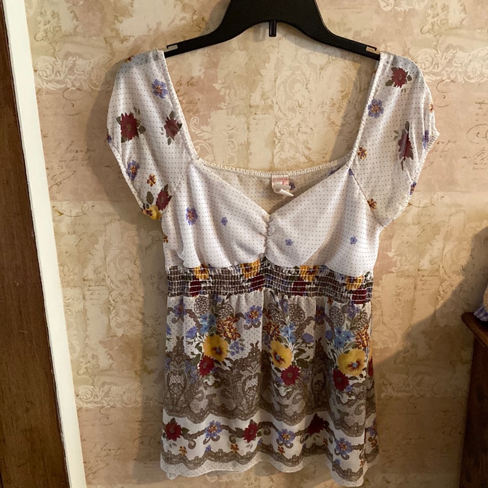 Check It Out Multi-Colored Floral Print Short-Sleeved Shirt.